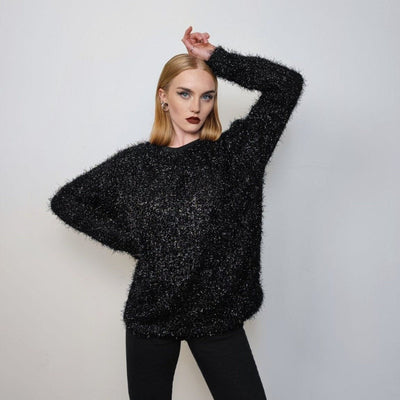 Fluffy sweater glitter jumper sparkly sweatshirt party pullover glam rock long sleeve top fleece sweater in black silver