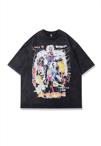 Anime t-shirt Japanese cartoon tee vintage wash top in grey