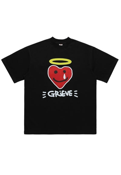 Heart print t-shirt angel tee grunge pop art top in black