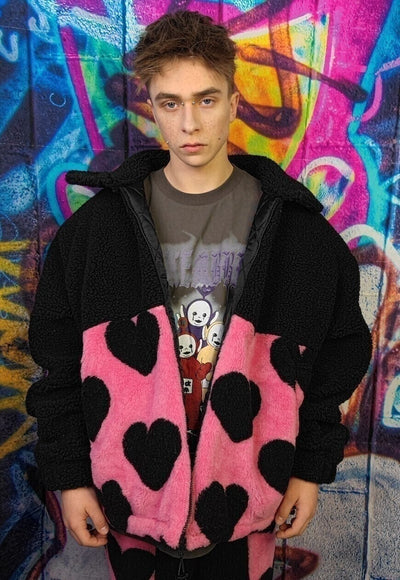 Heart fleece handmade love emoji bomber jacket in pink black