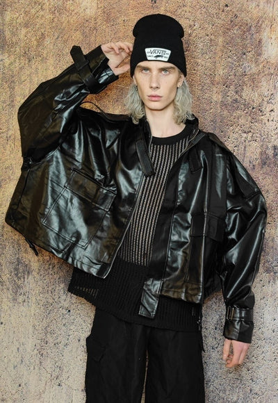 Oversize faux leather utility jacket wide biker bomber black