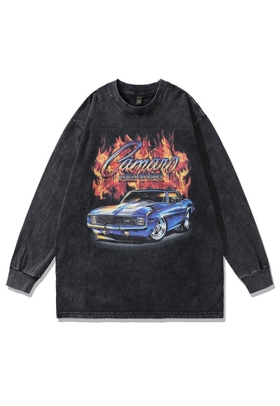 Chevrolet t-shirt retro car print long sleeve tee acid black