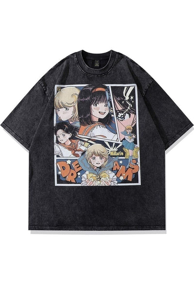 Anime girls t-shirt old Japanese tee retro top in acid grey