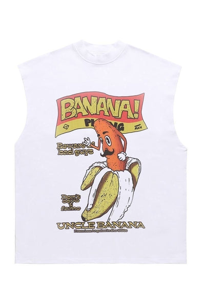 Banana print sleeveless t-shirt retro tank top surfer vest