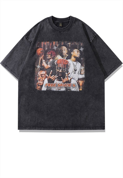 Rapper print t-shirt hip-hop tee retro grunge top in grey