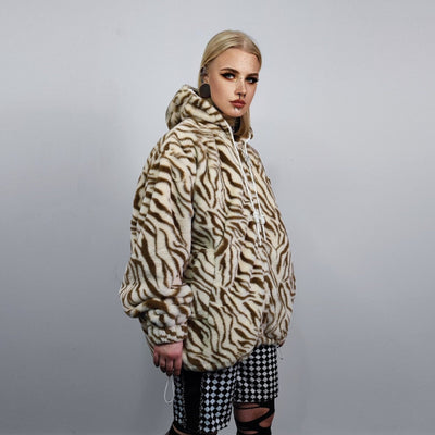 Tiger print hooded jacket handmade detachable faux fur animal print bomber stripe pattern fleece party coat festival zebra hoodie in cream