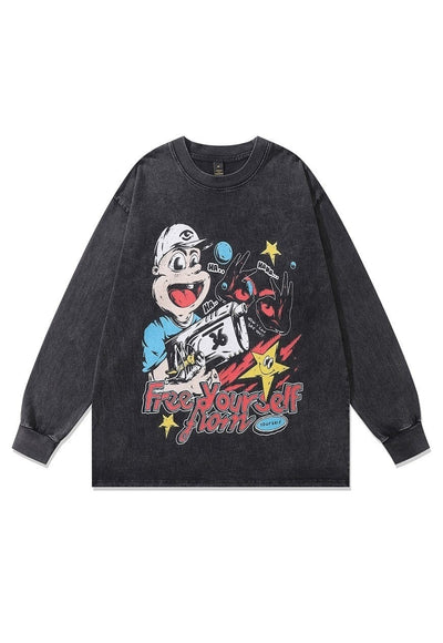 Vintage cartoon t-shirt long sleeve skater top in acid grey