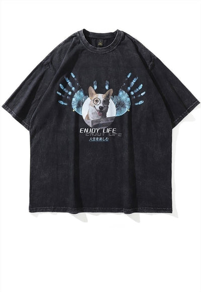 Dog print t-shirt grunge Akita tee retro top in acid grey