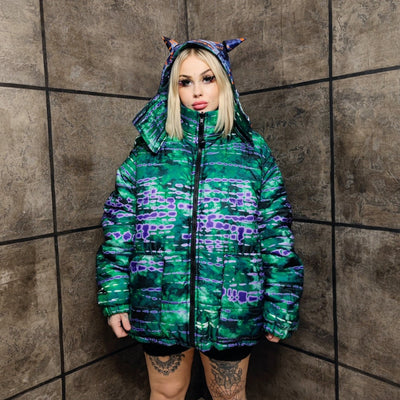 Tie-dye bomber handmade detachable graffiti puffer devil horn jacket abstract gradient print coat reversible jacket in green orange