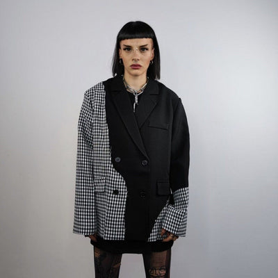 Check print blazer houndstooth jacket reworked catwalk coat high fashion plaid bomber contrast stitching gingham blazer in black and white