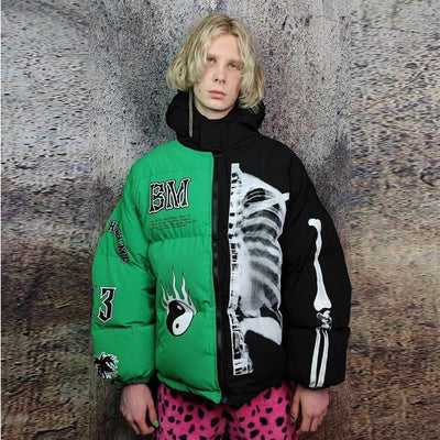 Skeleton puffer split colour bomber jacket grunge varsity