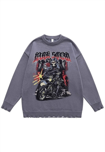 Motorcycle sweater biker print knit distressed jumper grey