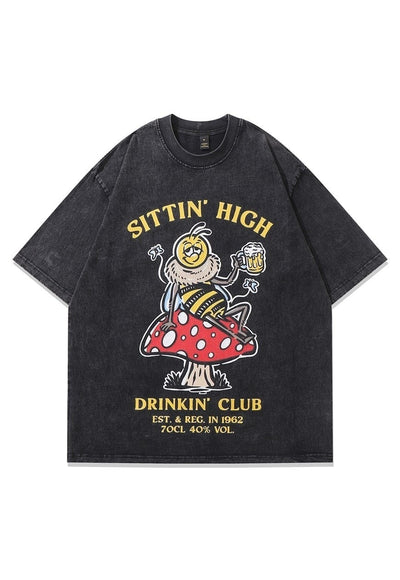 Bee print t-shirt beer cartoon tee psychedelic top acid grey