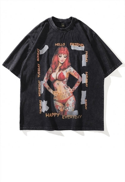 Pinup girl t-shirt tattoo tee grunge rocker top in acid grey