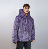 Hooded checked faux fur jacket geometric bomber bright raver coat fluffy winter fleece festival trench neon burning man overcoat in purple