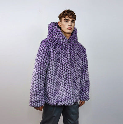 Hooded checked faux fur jacket geometric bomber bright raver coat fluffy winter fleece festival trench neon burning man overcoat in purple