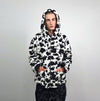 Cow fleece jacket white hooded animal print bomber festival coat furry overcoat spot print  pullover Dalmatian jumper psychedelic rave top