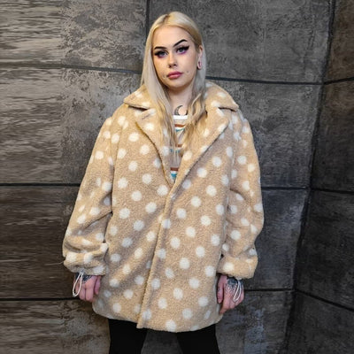 Polka dot fleece coat handmade 2in1 hood trench jacket cream