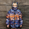 Tie-dye bomber handmade detachable graffiti puffer devil horn jacket abstract gradient print reversible coat in blue orange