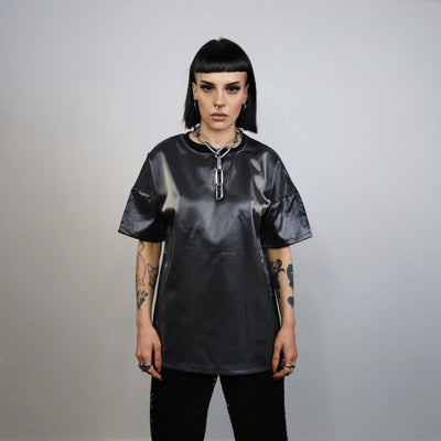 Silver t-shirt shiny metallic top going out thin tee luminous short sleeve jumper summer party shirt cyber punk pullover in grey