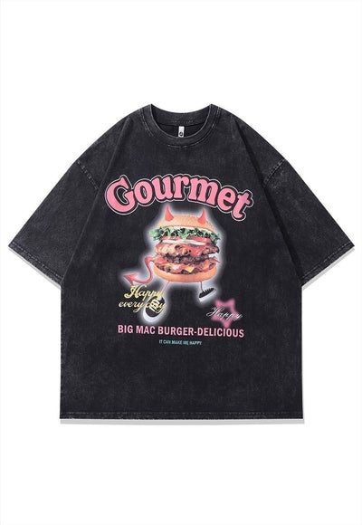 Burger print t-shirt fast food tee retro grunge top in grey