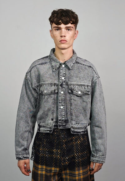 Cropped denim jacket acid grey short jean raver bomber