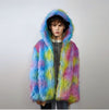 Hooded rainbow faux fur jacket unicorn bomber neon raver puffer fluffy tie-dye fleece psychedelic festival coat burning man going out trench