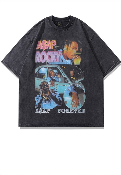 Rapper print t-shirt hip-hop tee ASAP Rocky top in grey