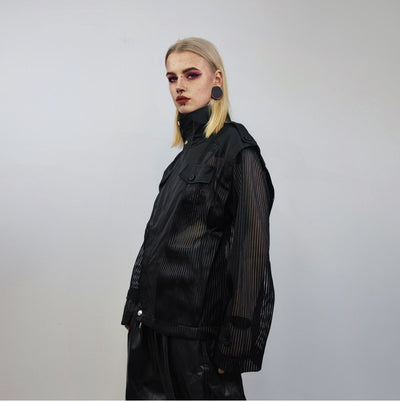 Transparent jacket see-through bomber striped sheer blazer Japanese style catwalk coat party jumper festival Gothic stand collar top black