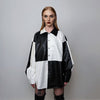 Faux leather shirt color block top contrast pattern blouse PU punk rocker jumper long sleeve gothic pullover button up shirt in black