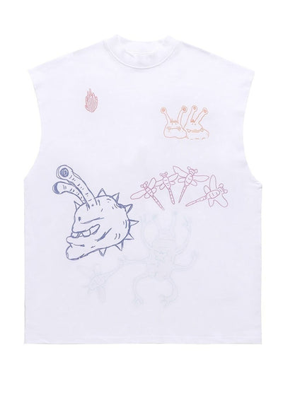 Graffiti print sleeveless t-shirt retro tank top surfer vest