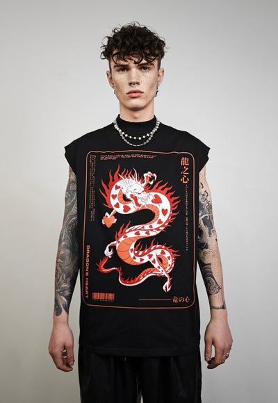 Dragon print vest Y2K surfer tee surfer tank top in black