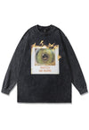 Flame print t-shirt grunge eye long sleeve tee in acid black