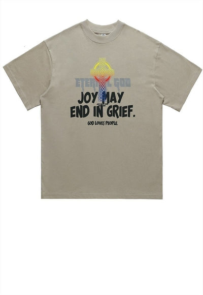 Bible t-shirt joy slogan tee cross print grunge top in brown