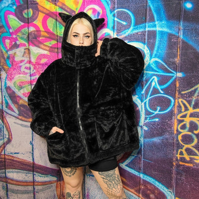 Faux fur devil horn bomber handmade detachable fluffy puffer reversible grunge fleece jacket two sided Gothic coat in black