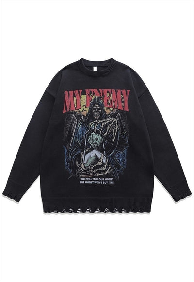 Creepy sweater skeleton knit distressed horror jumper black