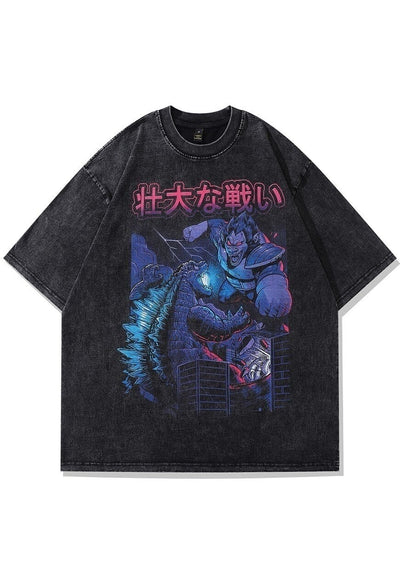 Anime print t-shirt Godzilla tee retro Japanese top in grey