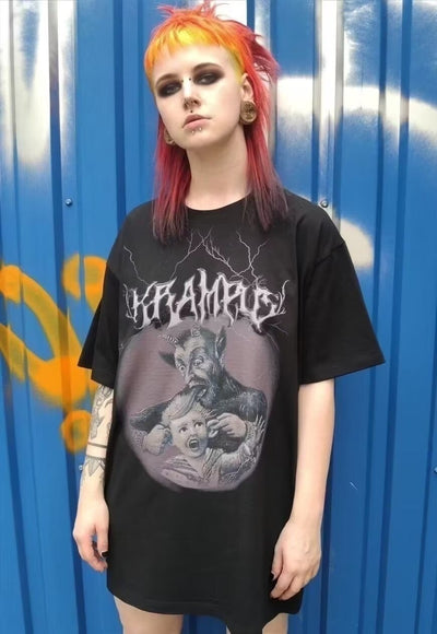 Devil print t-shirt cheeky Satan top Krampus tee in black