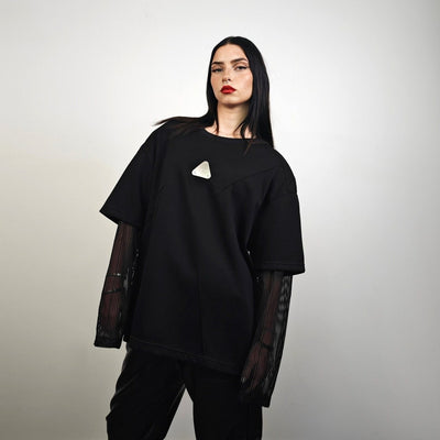 Contrast sleeves top black mesh gothic jumper metal patch blouse sheer rocker t-shirt shoulder padded tee edgy oversize grunge punk pullover