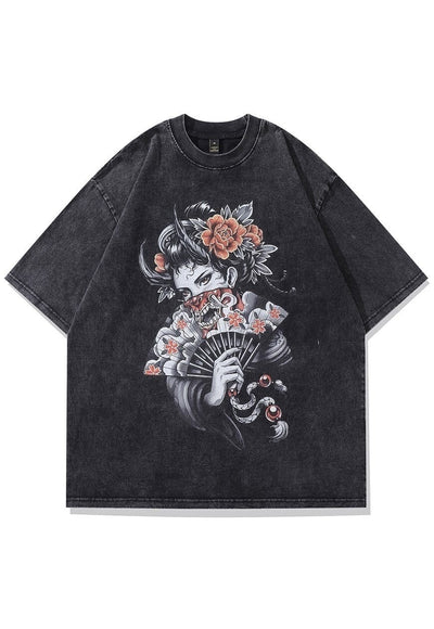 Geisha print t-shirt Japanese cartoon tee retros top in grey