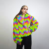 Rainbow faux fur coat crop striped trench festival zigzag jacket furry overcoat carnival bomber party peacoat psycho wide rave fleece Green