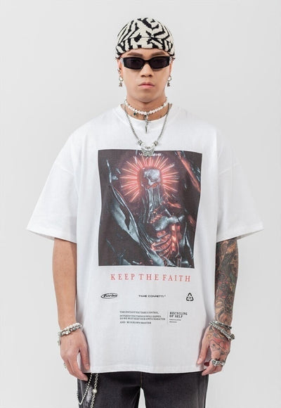 Cyber punk print t-shirt grunge monster tee raver top white