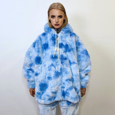 Tie-dye fleece jacket handmade pastel faux fur coat rave jacket premium fluffy 2 in 1 hooded festival bomber detachable puffer in sky blue