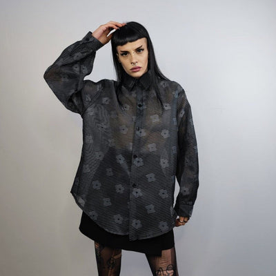 Transparent mesh shirt long sleeve floral sheer blouse grunge party see-through top curved button up festival top in grey black