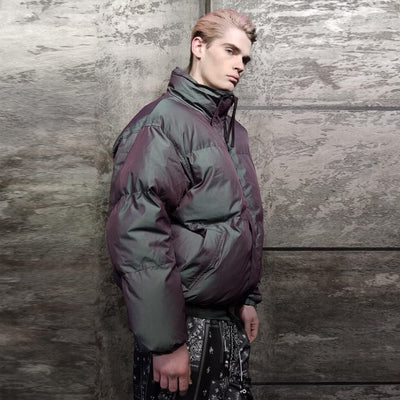 Luminous bomber shiny jacket reflective puffer silver purple