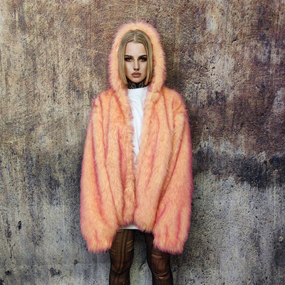 Festival faux fur jacket handmade premium fleece jacket fluffy hooded dual color luxury coat grunge bomber tie-dye puffer neon orange pink