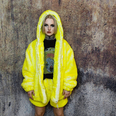 Faux fur luxury jacket handmade premium fleece jacket fluffy hooded lemon coat festival bomber tie-dye puffer in fluorescent yellow white