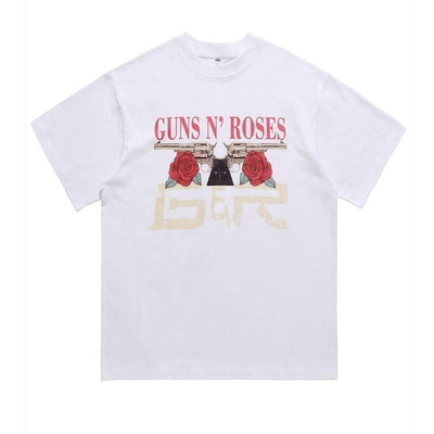 Guns and roses t-shirt retro floral tee rocker top in white