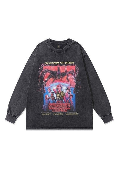 Vintage Stranger Things t-shirt long sleeve cartoon top grey