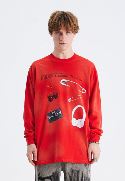 Y2K print top grunge long sleeve tee retro gadget top in red